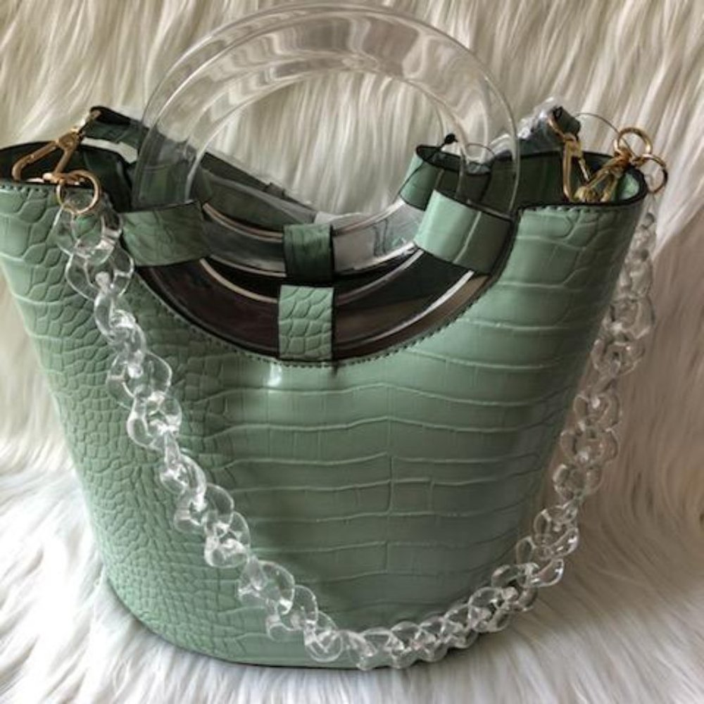 INC Mint Green Faux Crocodile Embossed Bucket Bag - Picture 3 of 9